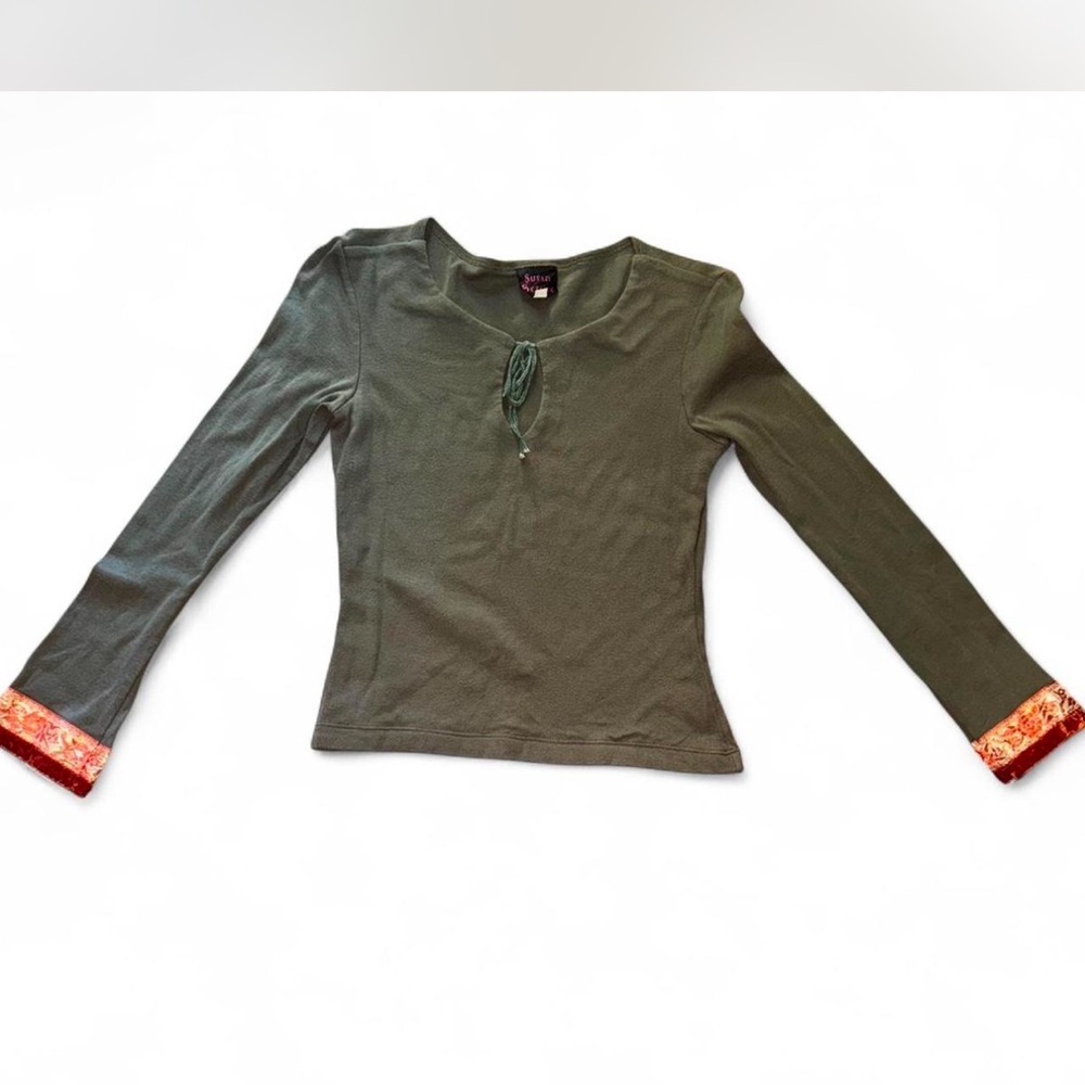 Olive Green Women's Top with Red Accents